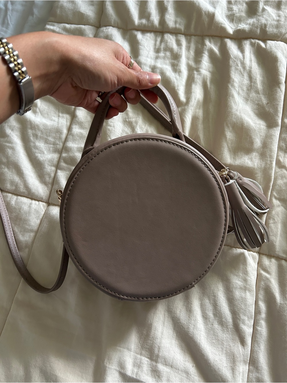 Lulus Taupe Round Crossbody Bag Tassel Detail Boho